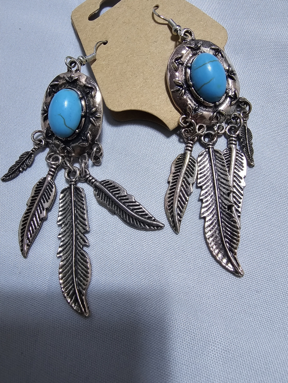 Turquoise Feather Drop Earrings - Boho Silver Statement
